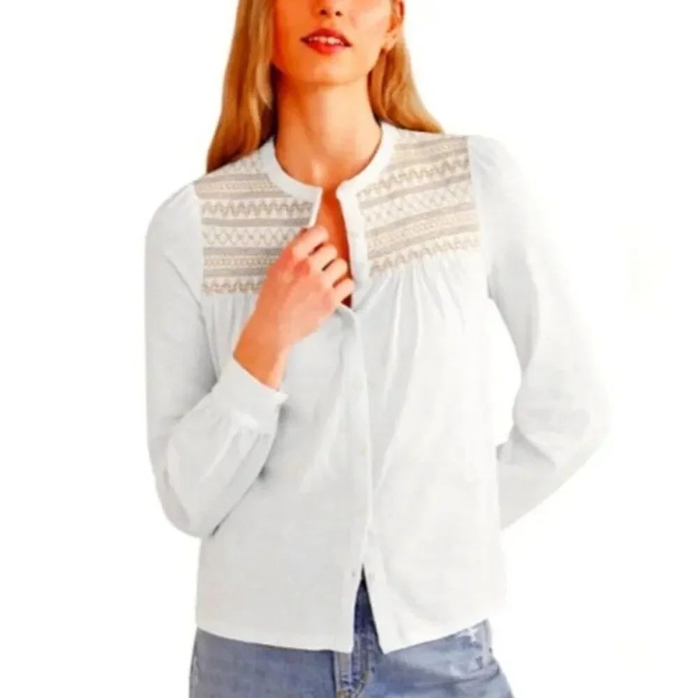 Boden Womens Top UK 10 US 6 White Gold Yoke Embroidered Shirt T1244 NWT